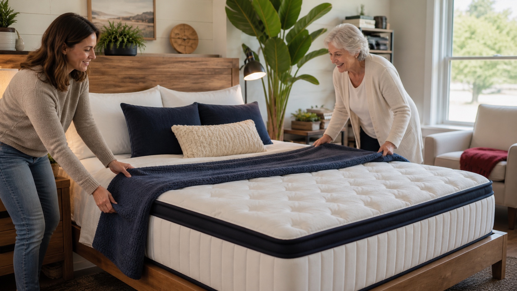 An adult daughter and her mother making a comfortable bed together