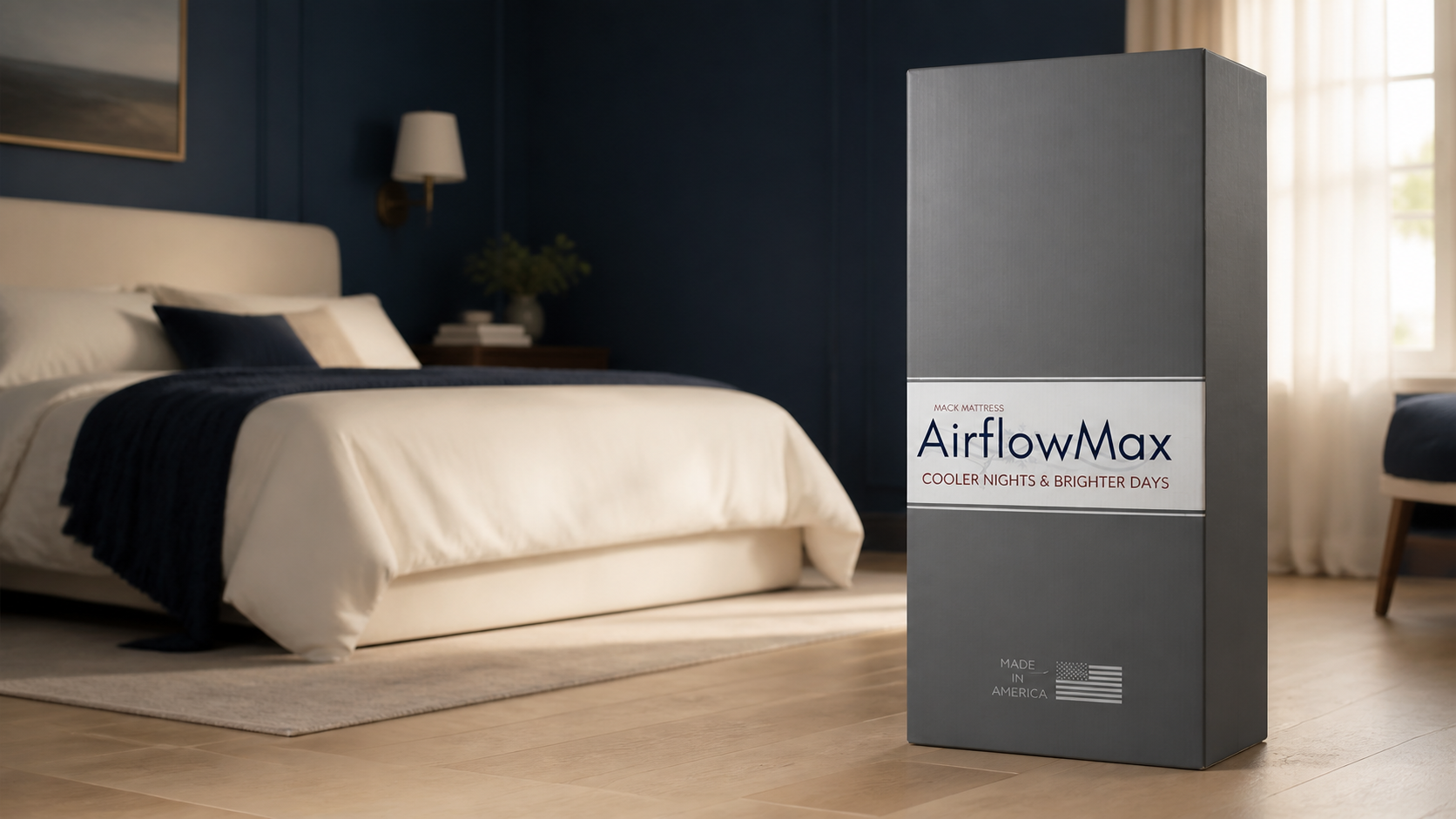 Mack AirflowMax mattress shipping box beside a finished bed