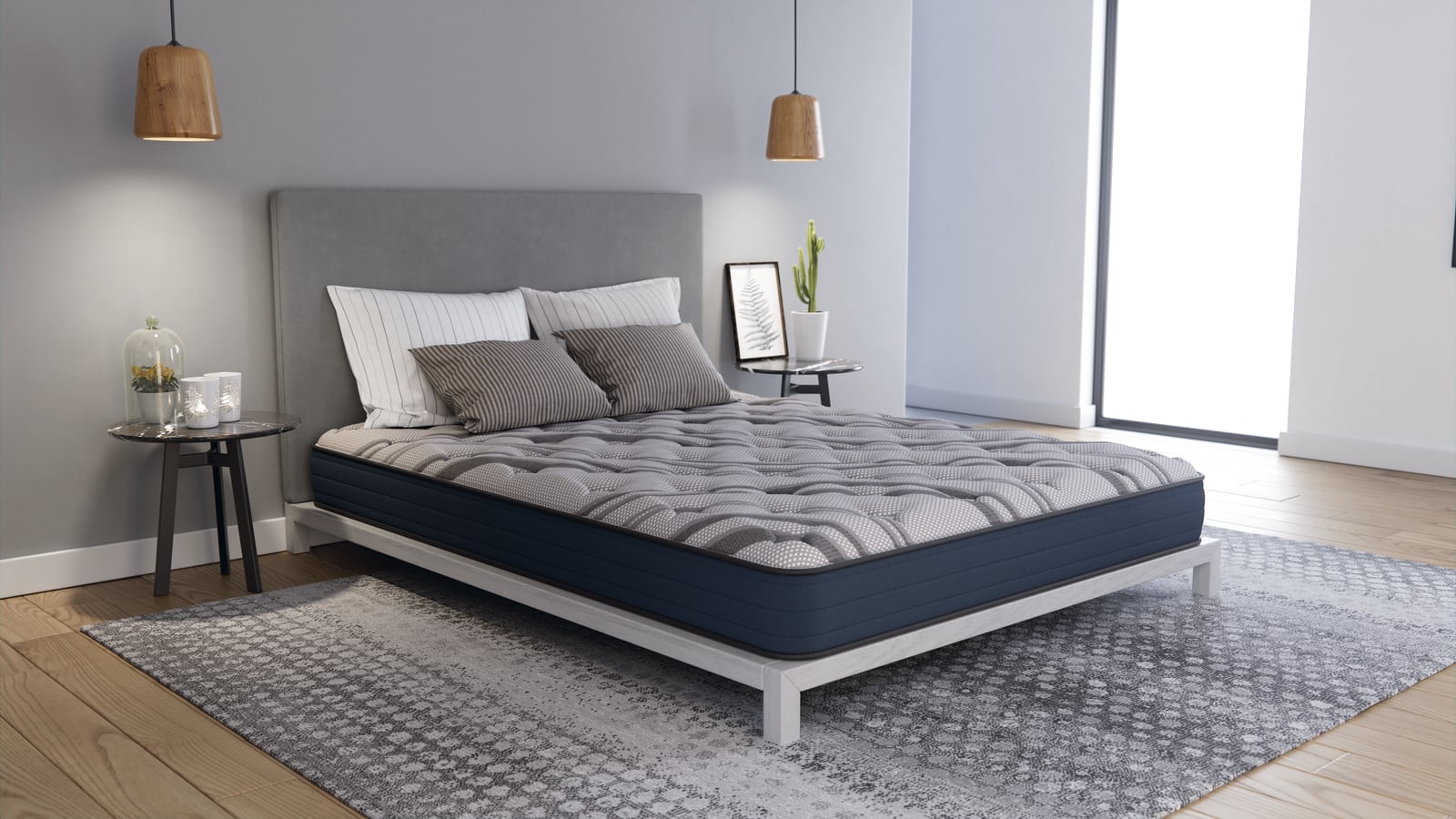 A calm guest bedroom with a substantial mattress