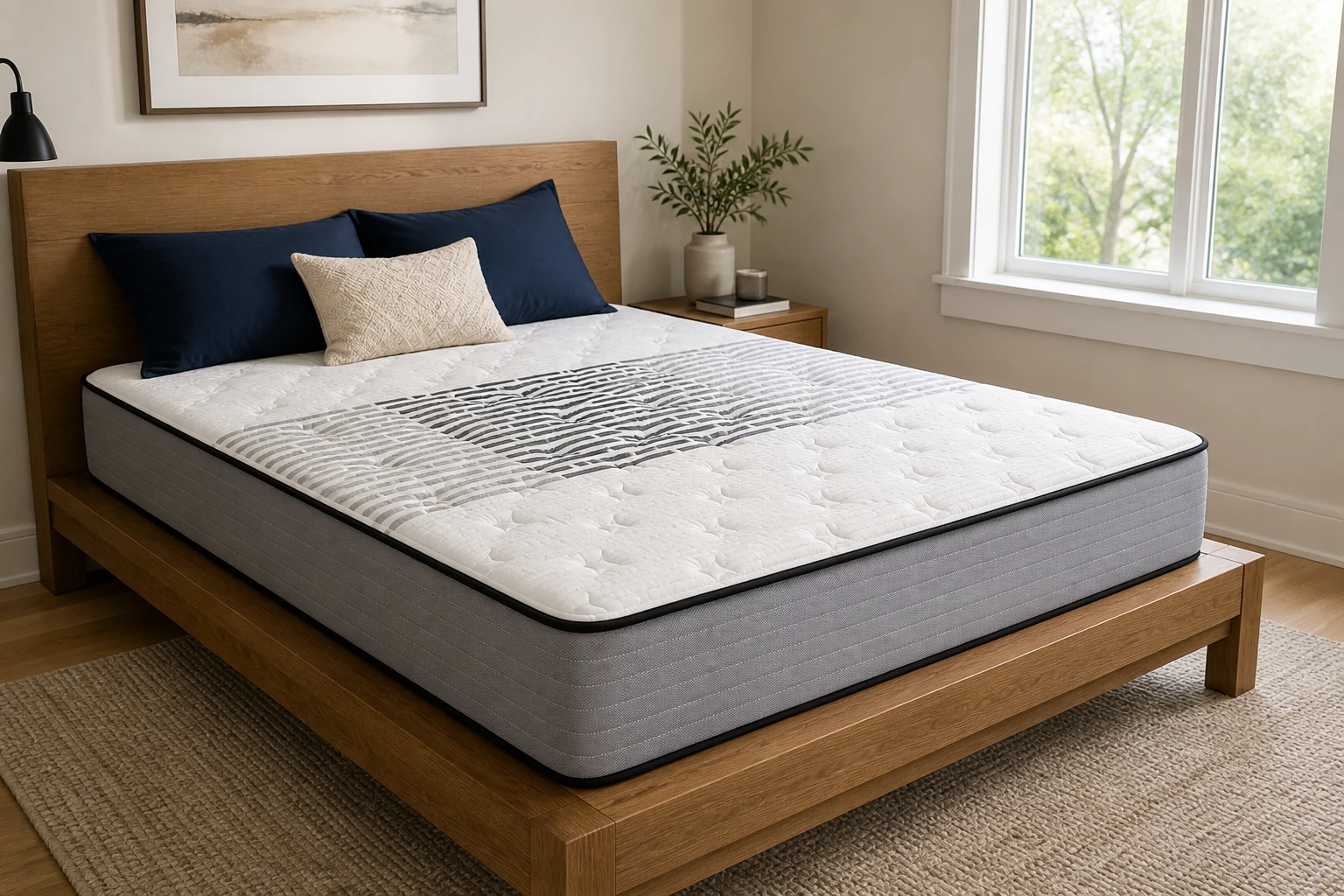 A breathable Mack mattress in a bright finished bedroom