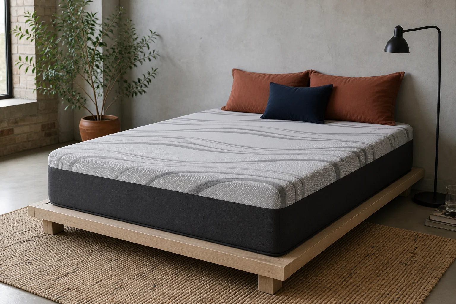 12" Sierra Gel Hybrid Medium Mattress in a bright, finished bedroom