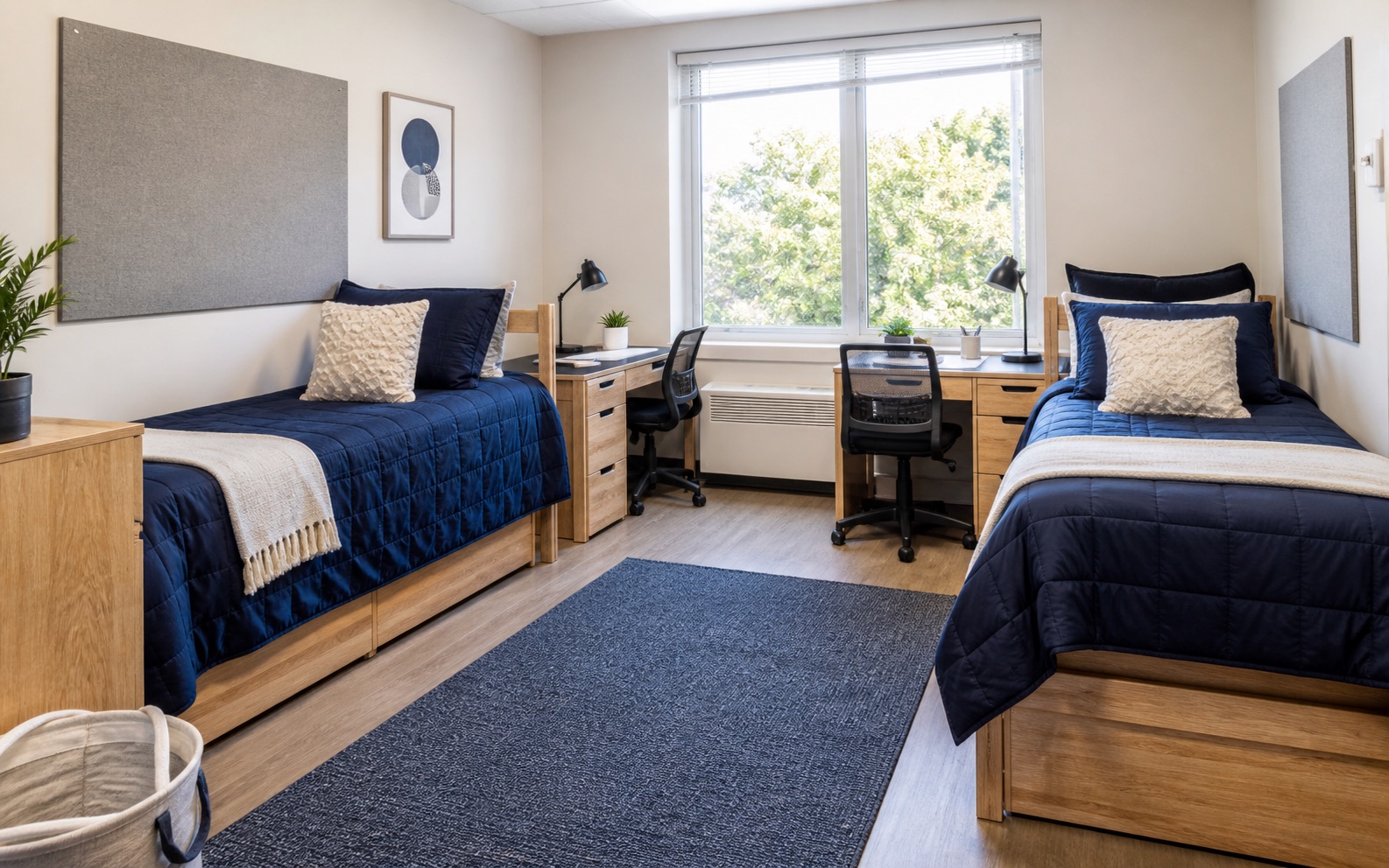A student room with two twin beds and study desks