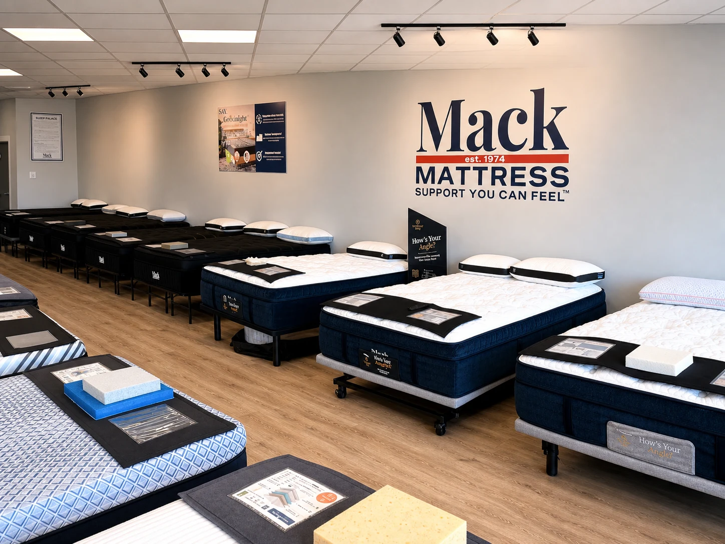 Rows of Mack mattresses available to compare at the Sawmill Road showroom